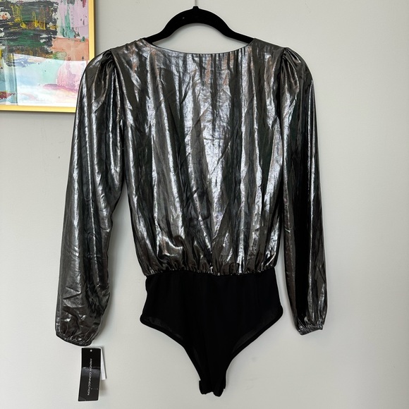 NEW French Connection Metallic Silver Deep V Neck Bodysuit - Picture 3 of 5